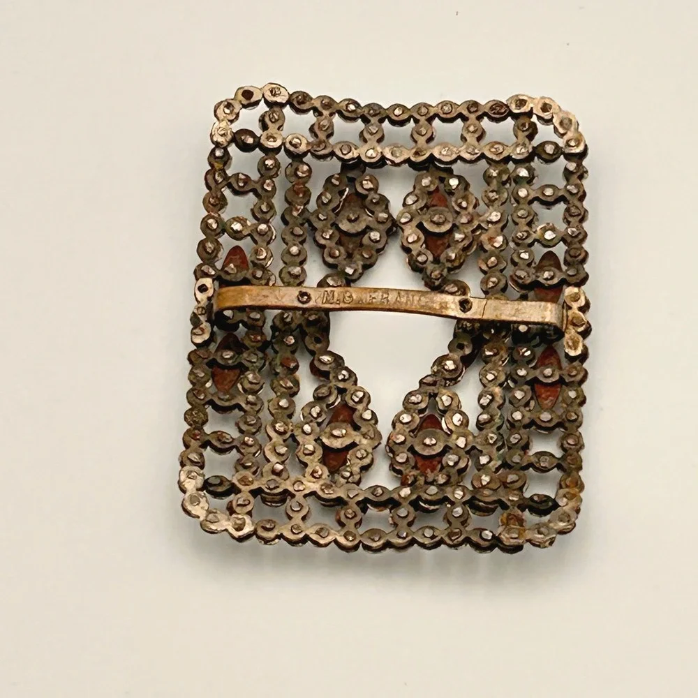 Antique M.G. France Cut Steel Belt Buckle Victorian Edwardian Openwork Silver